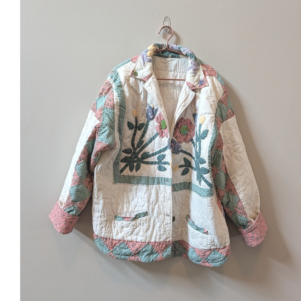 Vintage Handmade Quilt Jacket Cottagecore Floral Applique Pastel Patchwork Coat